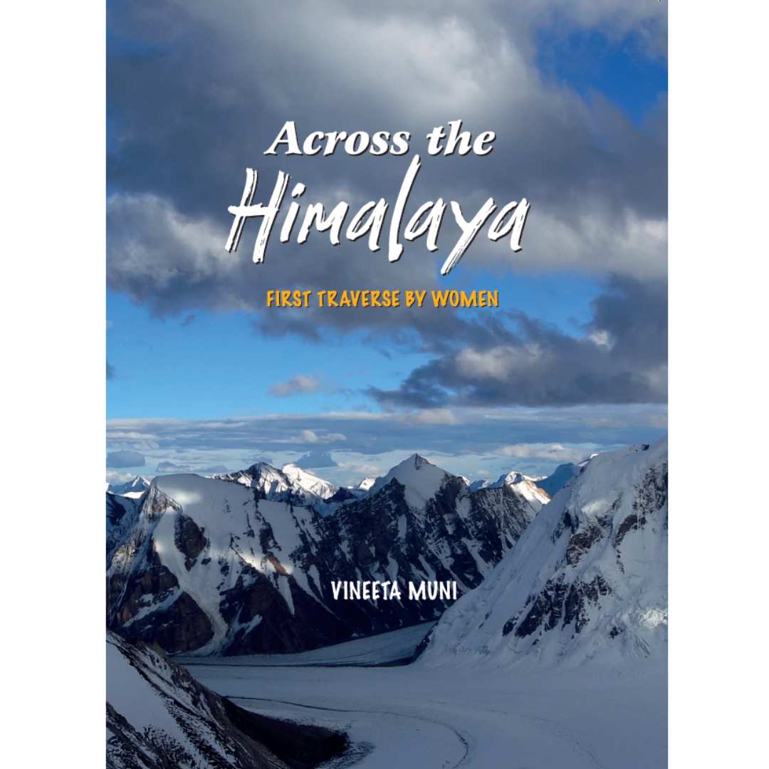 Book cover of 'Across the Himalaya'  by Vineeta Muni with mountain landscape and text.