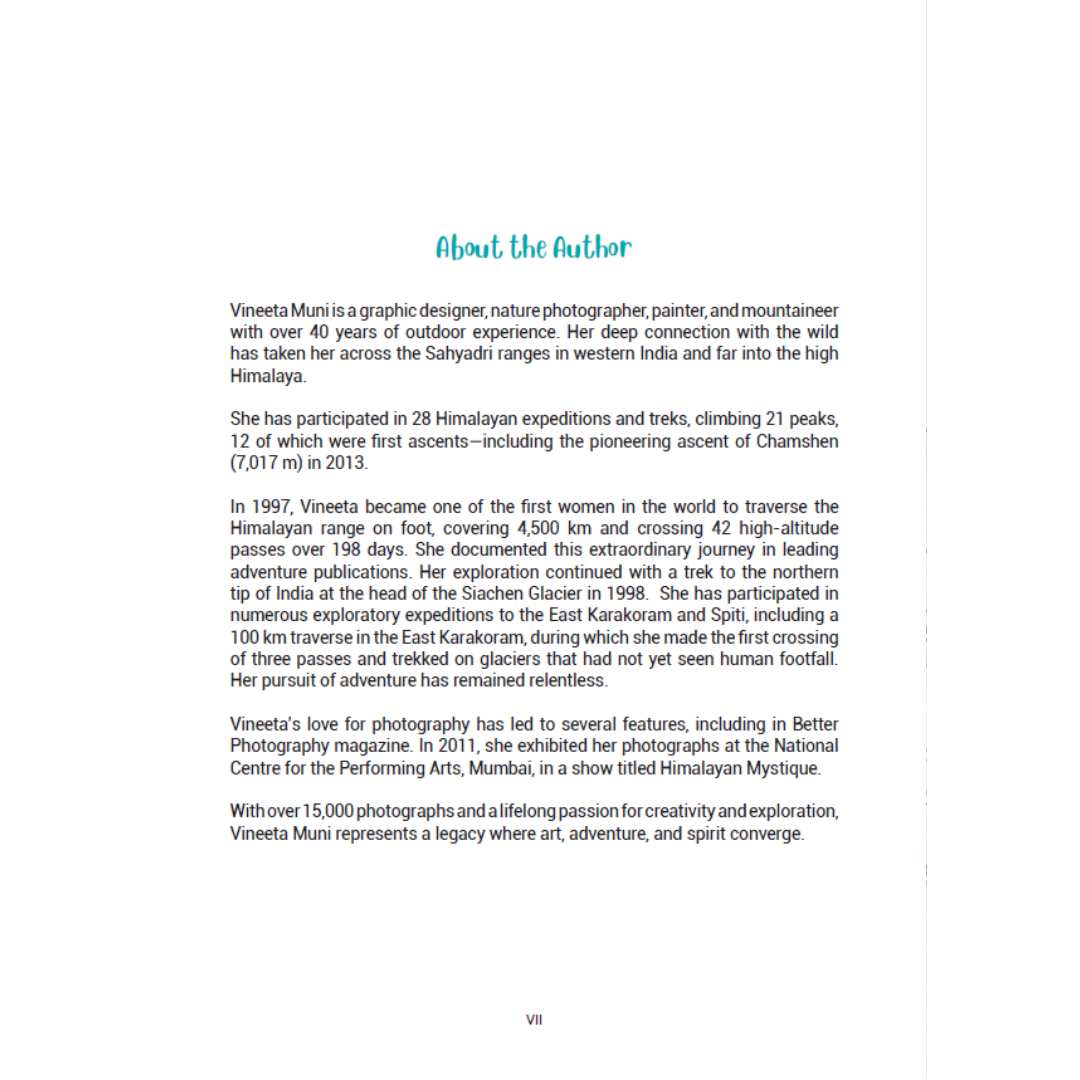 Text about the author, Vineeta Munis, a graphic designer, nature photographer, painter, and mountaineer with outdoor experience.